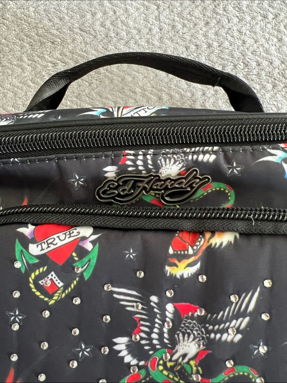 NWT Ed Hardy Rhinestoned Black Tattoo Print Insulated Lunch Tote Shoulder Bag